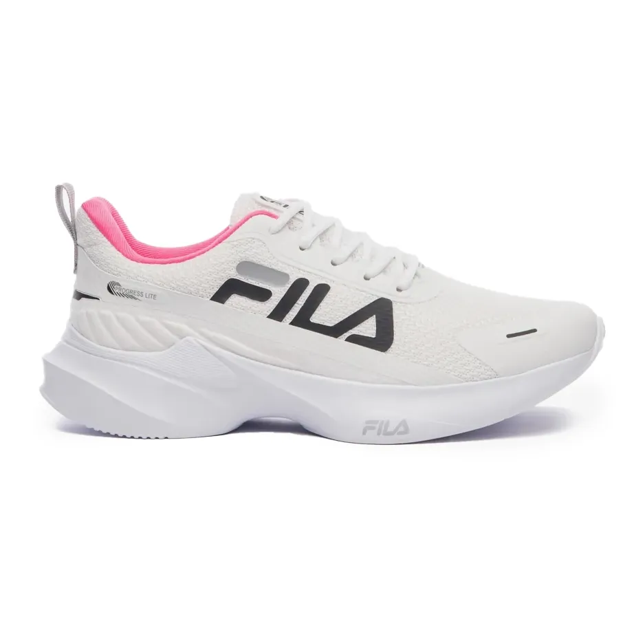 Tênis feminino branco com detalhes em rosa e preto da marca FILA em ângulo frontal sobre fundo branco